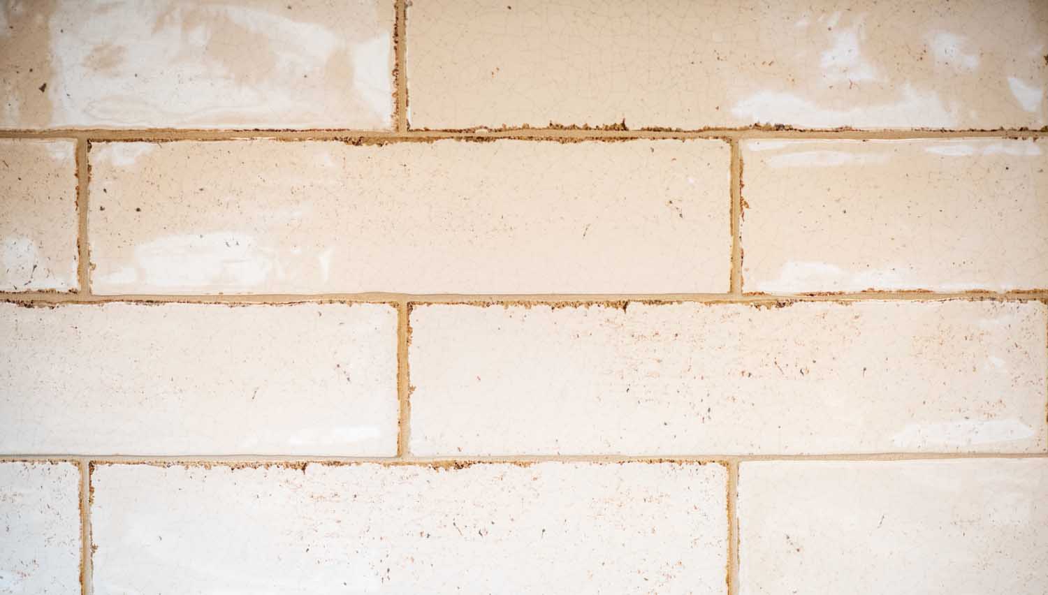 Close-up view of a wall made of light-colored rectangular bricks with visible mortar lines and some slight surface imperfections.