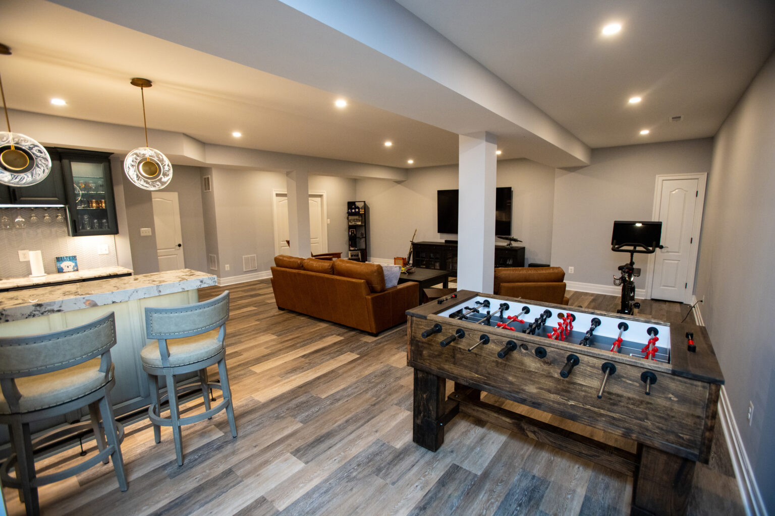 Foosball table in this finished basement.