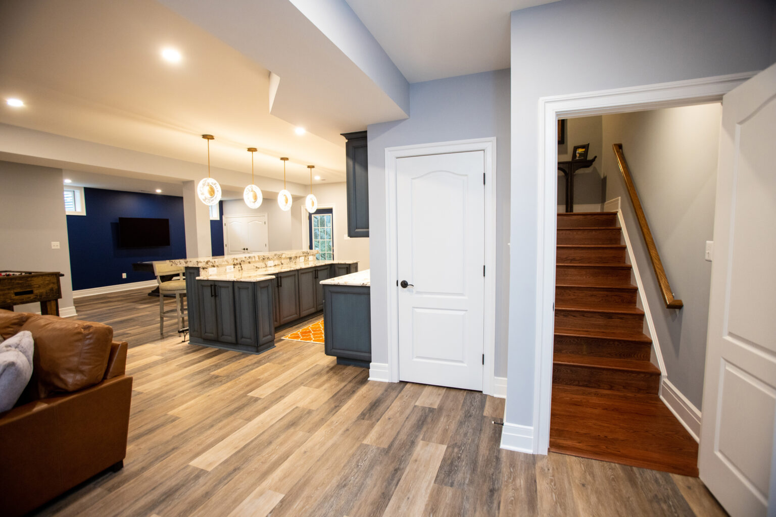 Stairs leading down to this finished basement in Herndon.