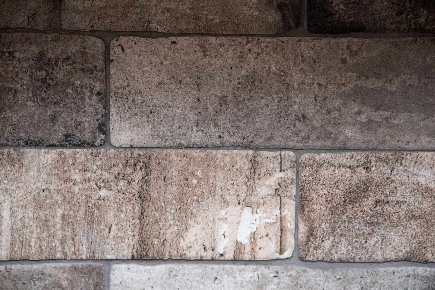 A close-up view of a brick wall with a textured, weathered surface in shades of beige and gray.