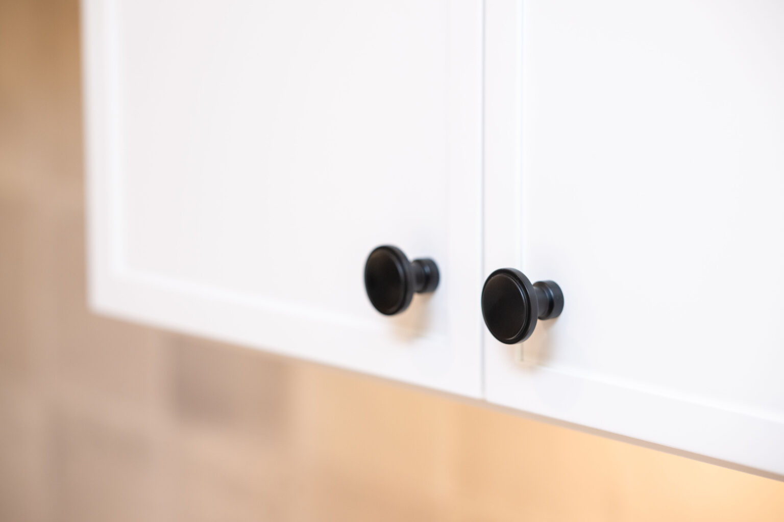 Close-up of two white cabinet doors with black round handles.