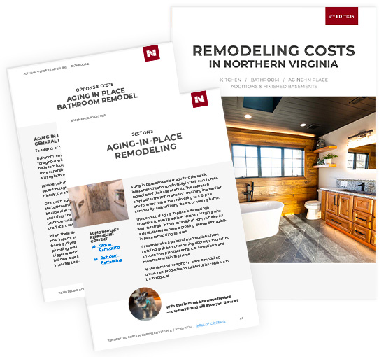 aginginplace-remodeling-cost-guide_ Image of two pages from a remodeling cost guide for Northern Virginia. One page showcases a bathroom; the other discusses aging-in-place remodeling strategies to ensure safety and comfort in bathroom spaces.