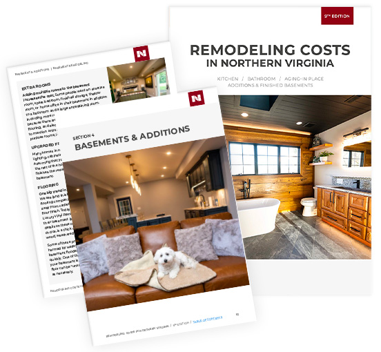 basement-remodeling-cost-guide Three brochures are displayed, featuring remodeling costs for home additions in Northern Virginia. One showcases bathroom renovations, another highlights basements and expansions, while the third contains detailed text.