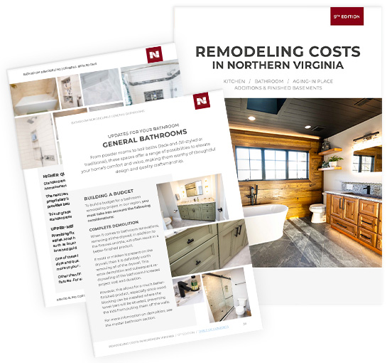 Two brochure pages titled "Remodeling Costs in Northern Virginia" showcase images of expertly remodeled bathrooms and kitchens, highlighting the finest bathroom remodeling in Northern Virginia.