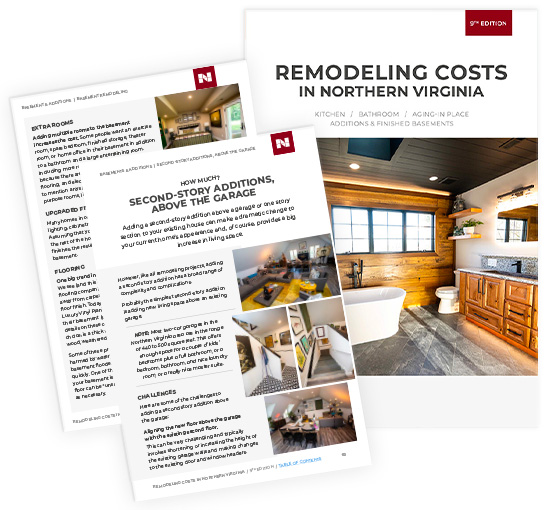 home-additions-cost-guide Brochure cover and pages showcasing remodeling costs and home additions in Northern Virginia, featuring images of stunning home interiors and insightful text about innovative home improvements.