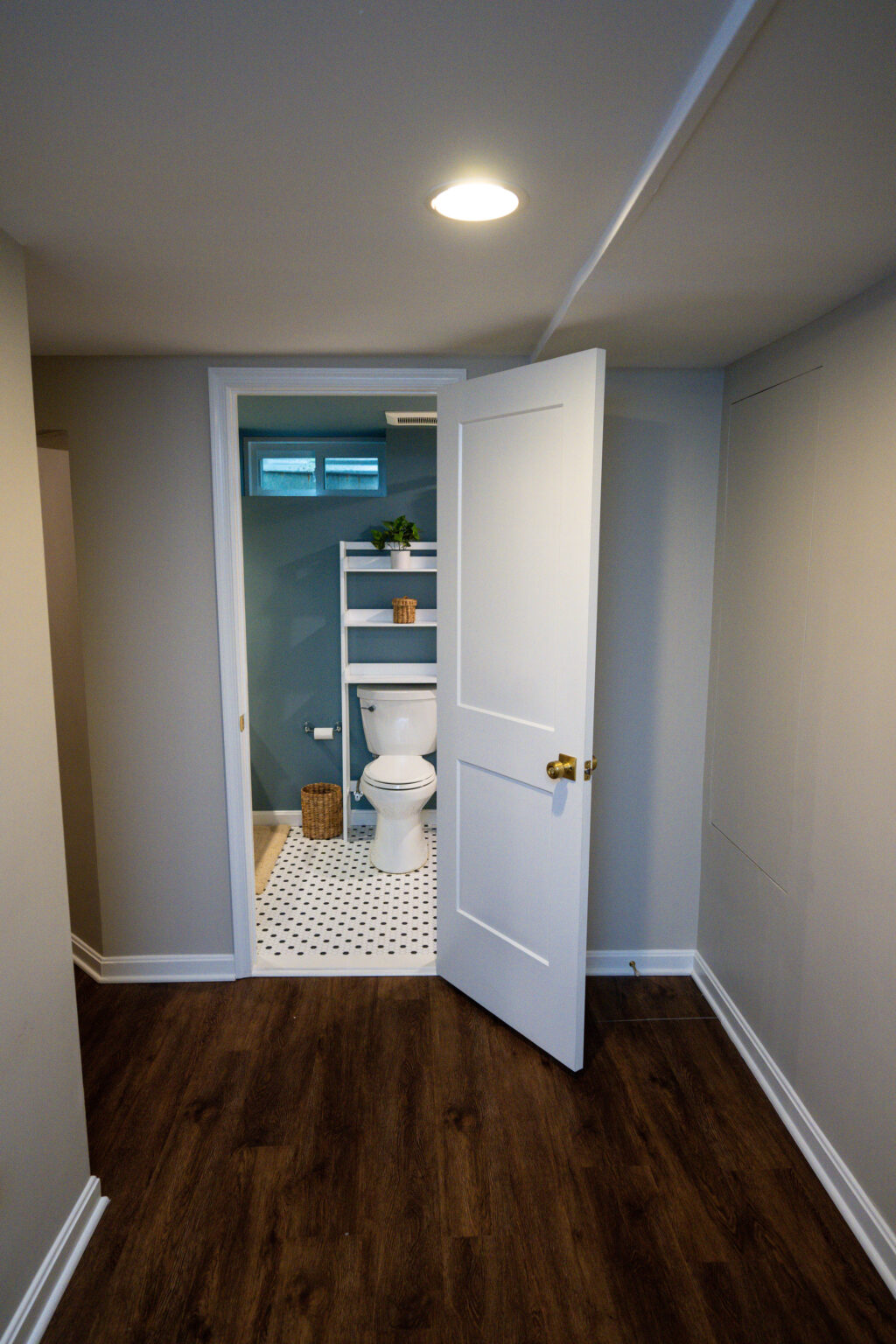 Image by Lesnick Photo Open door revealing a small bathroom with a white toilet, shelving, and a plant on a patterned tile floor. Room has wood flooring and light gray walls.