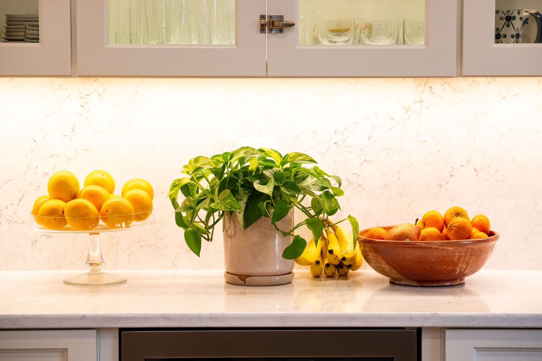 A marble countertop displays a glass bowl of lemons, a potted green plant, bananas, and a wooden bowl of oranges under illuminated white cabinets—perfect inspiration if you’re ready to remodel.