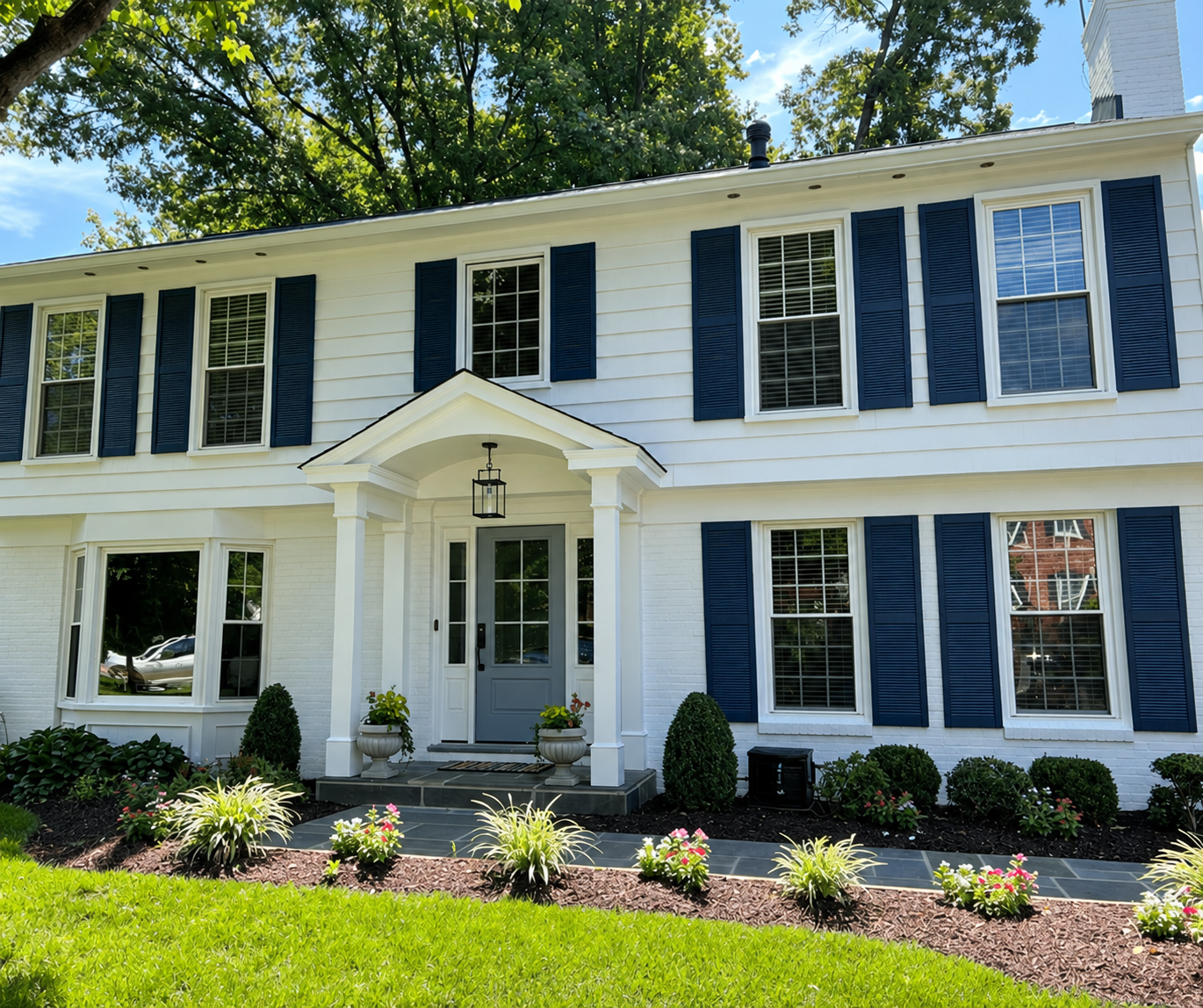 Two-story white house with blue shutters, a central entrance with columns, and neatly landscaped front yard with shrubs and flowers.
