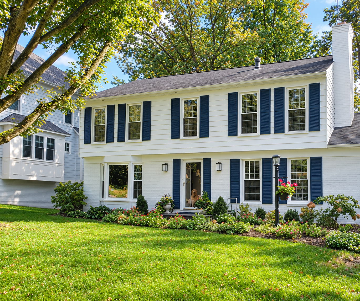 Two-story white house with black shutters, chimney, and manicured front lawn with flowers and shrubs, photographed on a sunny day.