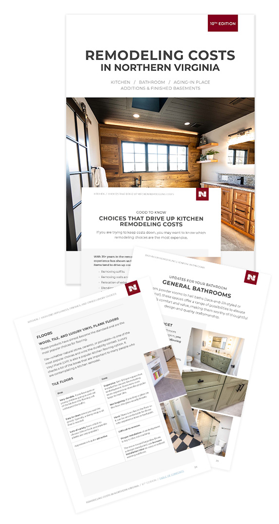 A guide titled “Remodeling Costs in Northern Virginia” featuring photos of kitchen and bathroom renovations alongside charts detailing project expenses.